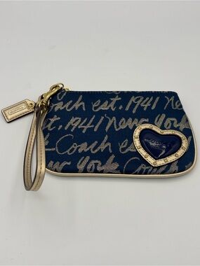 Coach New York Poppy Script Wristlet - Navy with Gold Trim - 1941 Collection